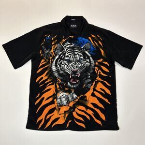 Vintage Tiger Mens Shirt Size Large Black Y2K KAD Clothing Button Up